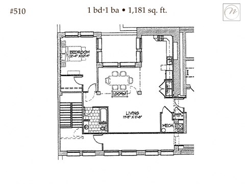 Floor plan for 1 bed, 1 bath